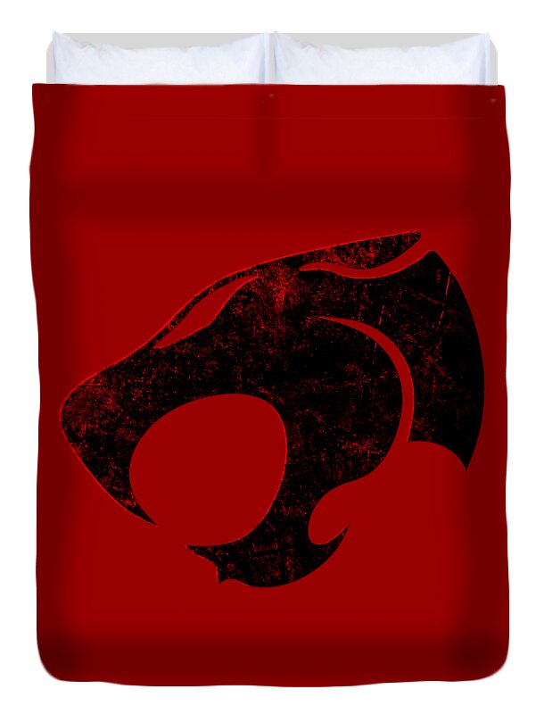 Red duvet cover with distressed black emblem and circular eye detail