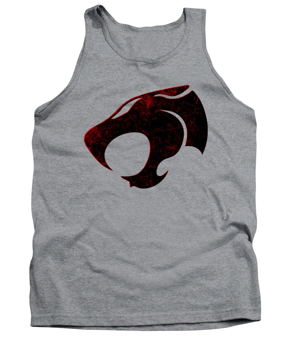 Heather gray distressed graphic tank top with centered black and red emblem