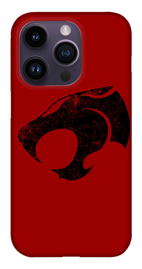 Red phone case with black distressed Thundercats logo and top-left triple camera cutouts