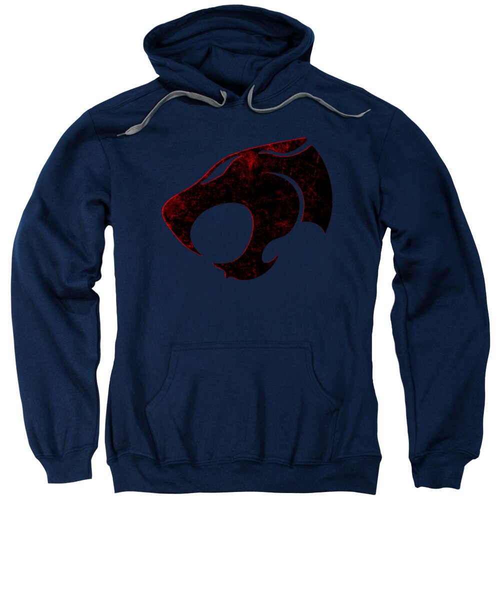 Navy hooded sweatshirt with distressed red/black cat emblem and front kangaroo pocket