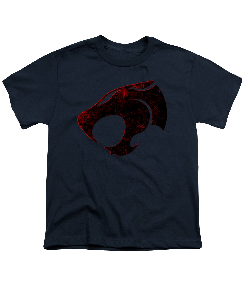 Youth T-shirt, dark navy with distressed cat-head graphic on chest.