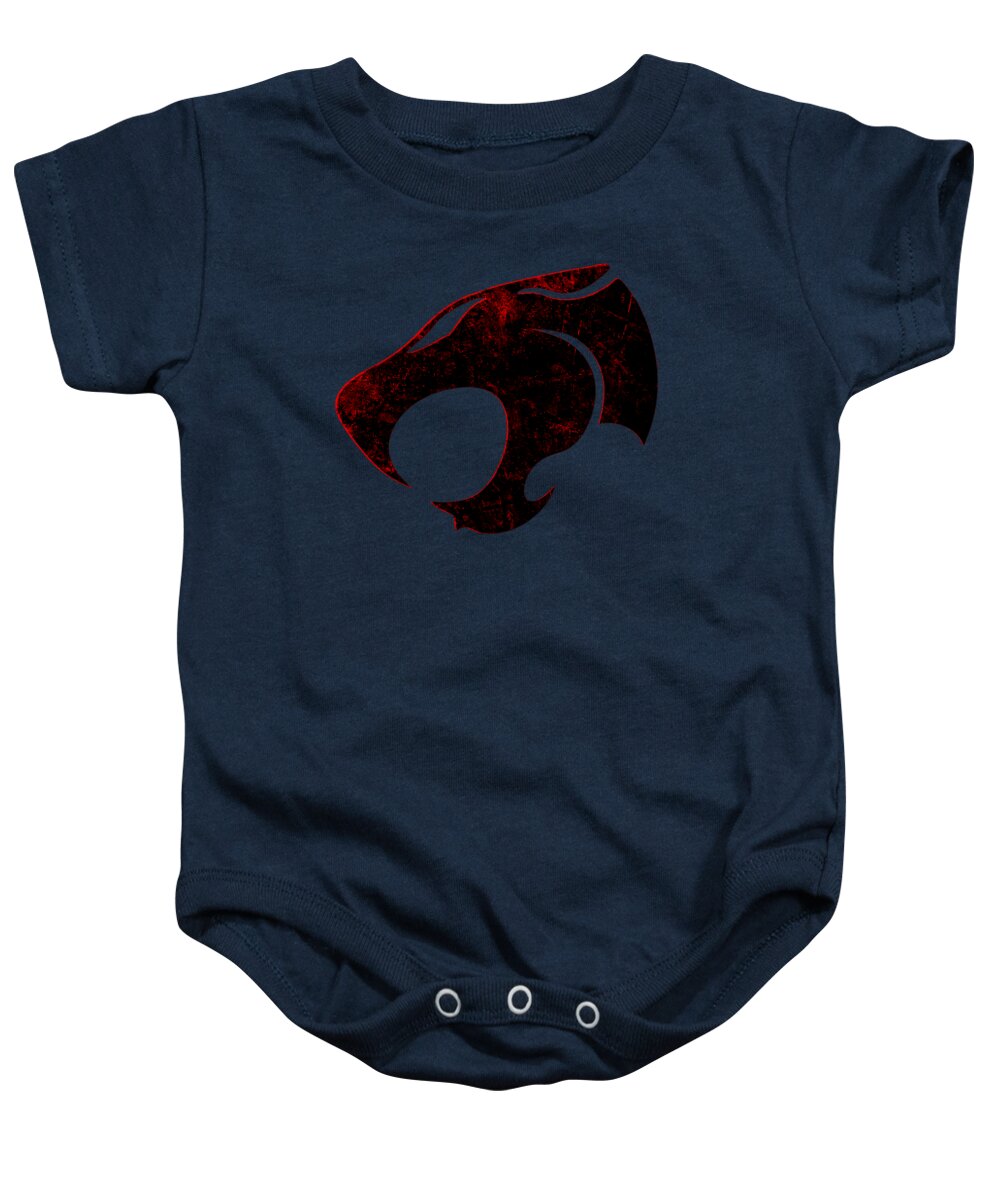 Navy baby onesie with distressed character logo graphic on front, short sleeves