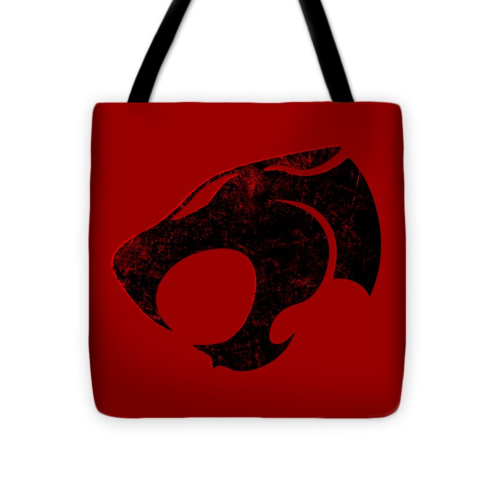 Red tote bag with large black distressed Thundercats emblem centered; black shoulder handles