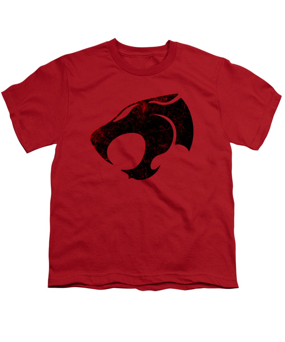 Youth T-shirt, red with distressed cat-head graphic on chest.