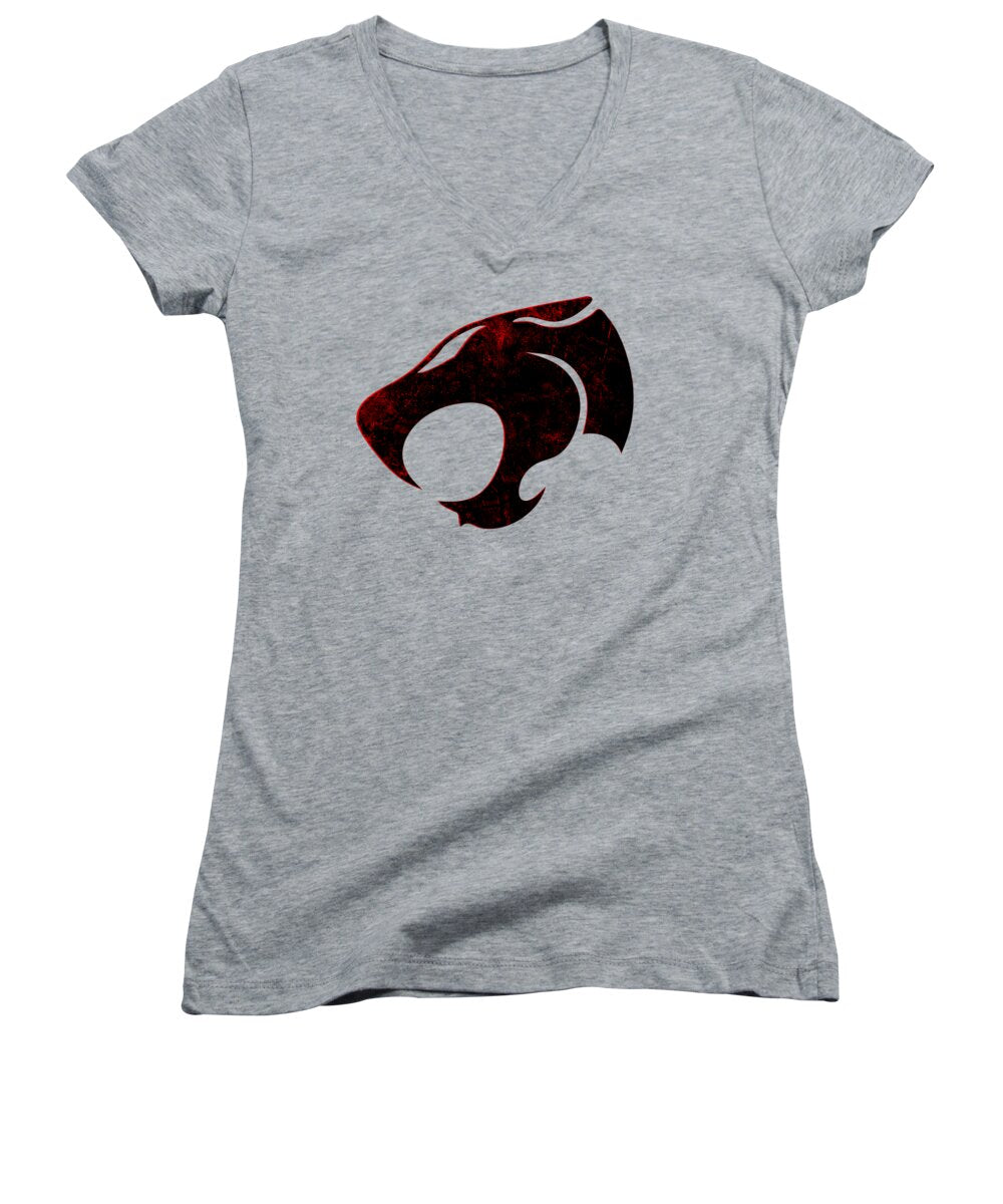 Women's V-neck T-shirt in heather gray with distressed red emblem on chest