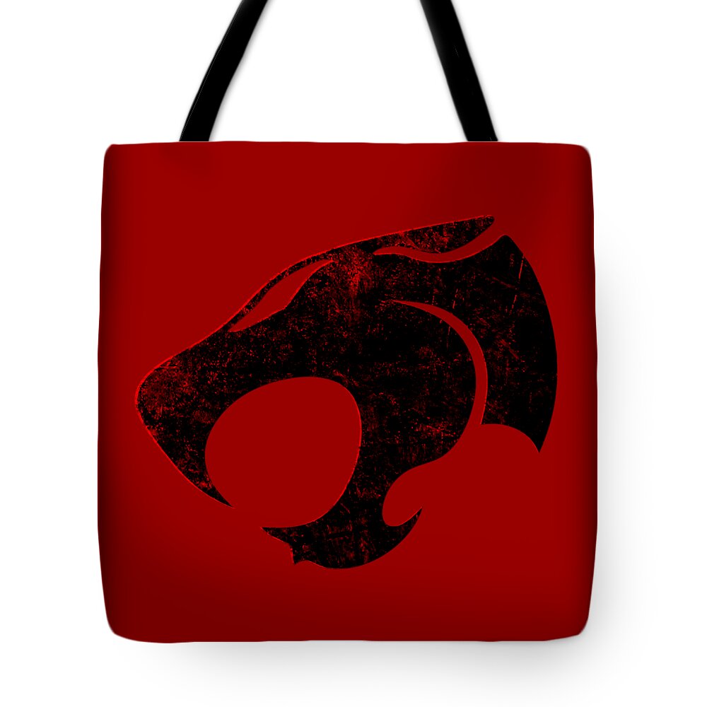 Red tote bag with black distressed Thundercats emblem front; wide black handles