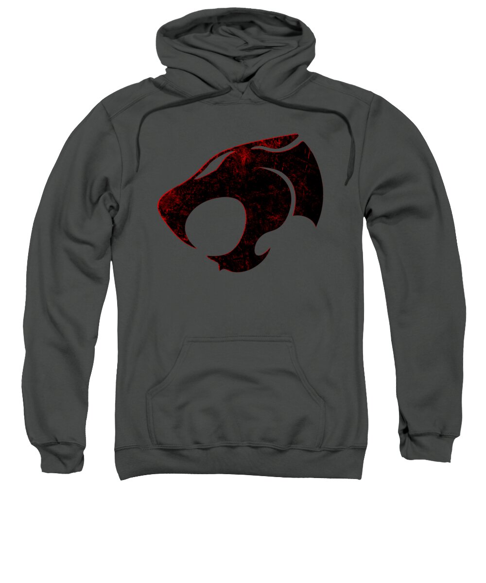 Charcoal hooded sweatshirt with distressed red/black cat emblem and front kangaroo pocket