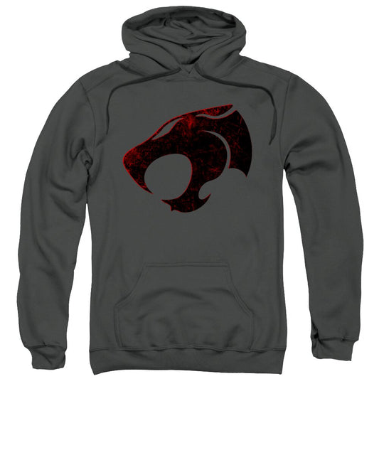 Charcoal hooded sweatshirt with distressed red/black cat emblem and front kangaroo pocket