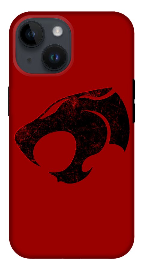 Red phone case with black distressed Thundercats logo, top-left triple camera cutouts