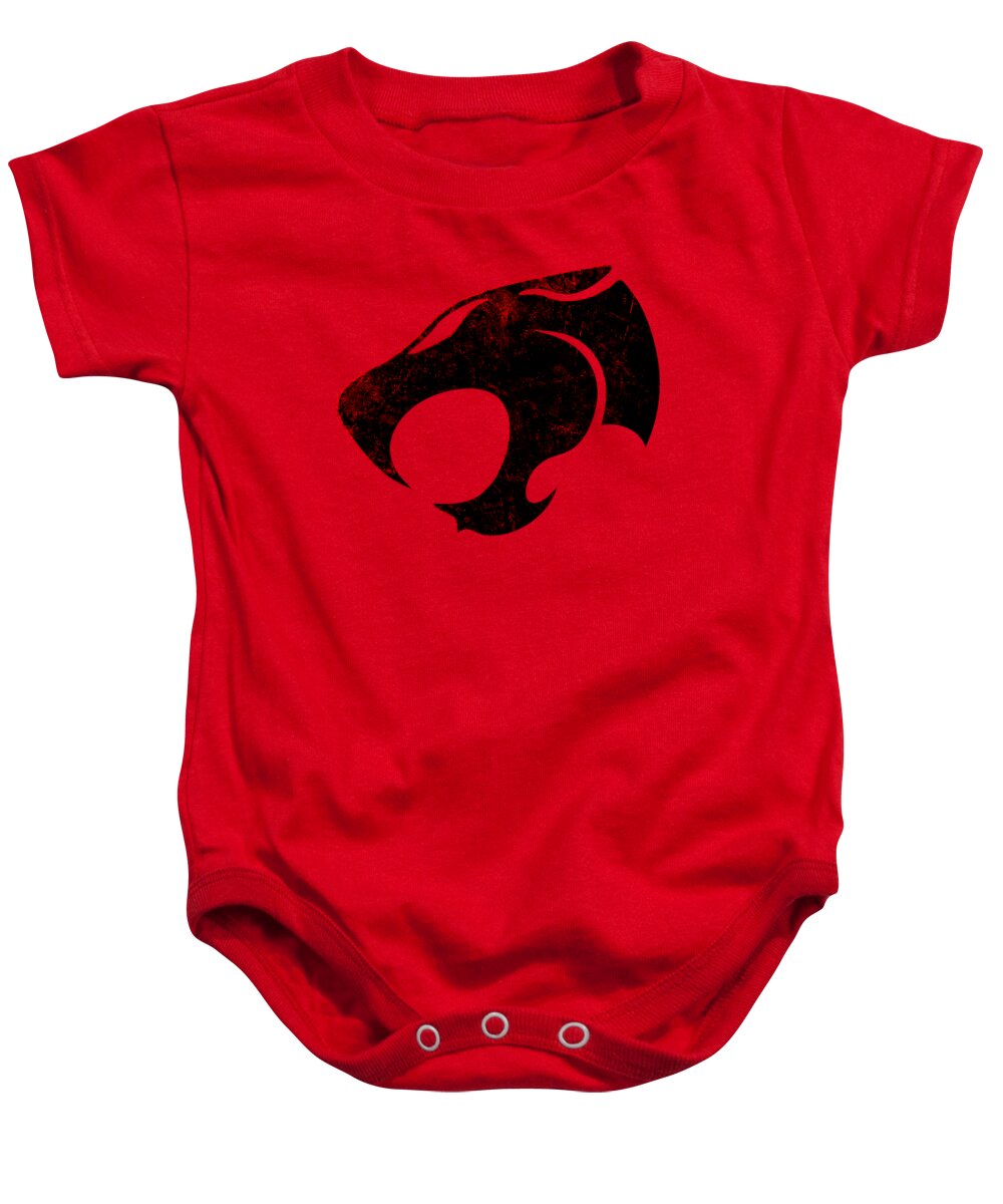Red baby onesie with distressed character logo graphic on front, short sleeves