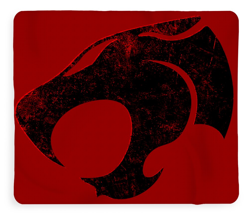 Red fleece blanket with distressed black Thundercats cat-face graphic