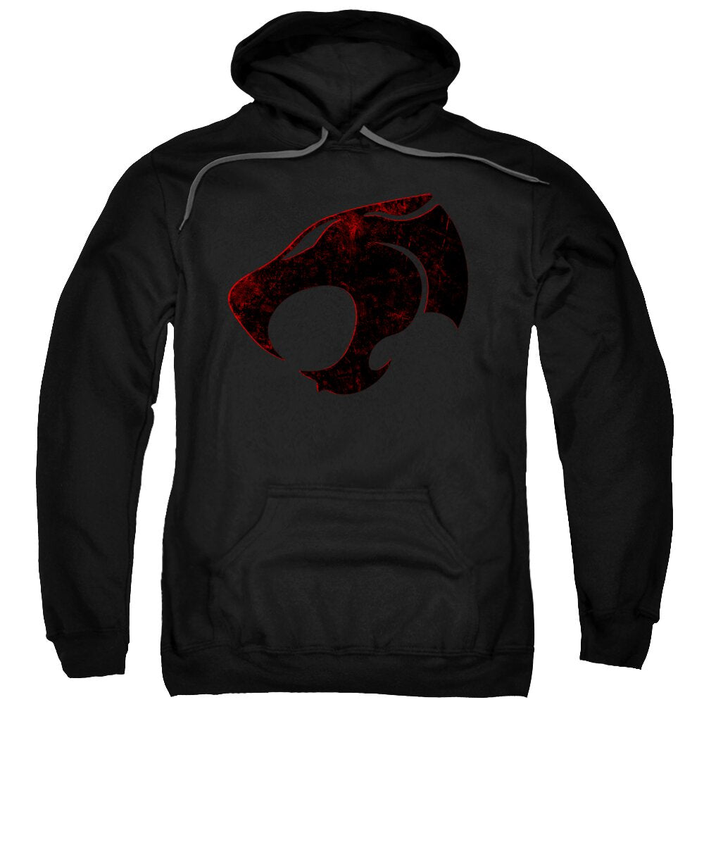 Black hooded sweatshirt with distressed red/black cat emblem and front kangaroo pocket