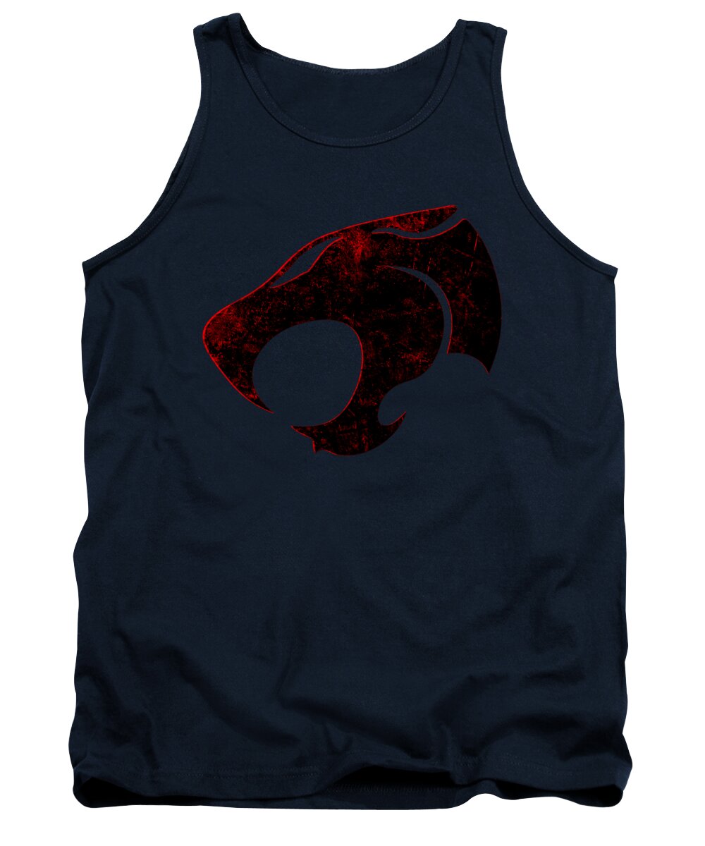 Navy distressed graphic tank top with centered black and red emblem