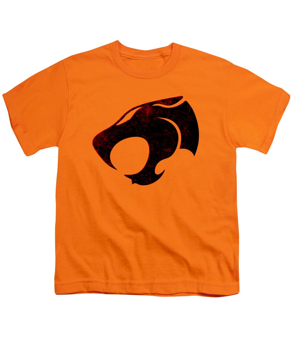 Youth T-shirt, orange with distressed cat-head graphic on chest.