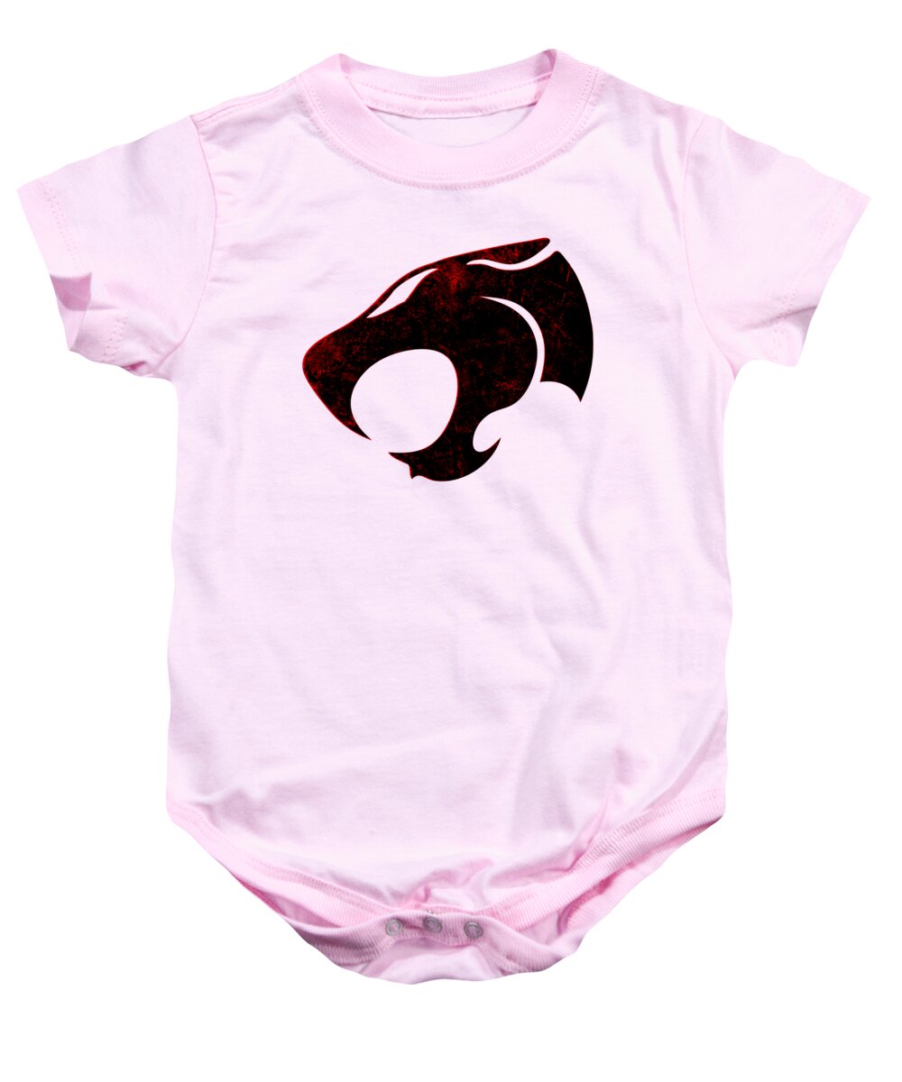 Light pink baby onesie with distressed character logo graphic on front, short sleeves