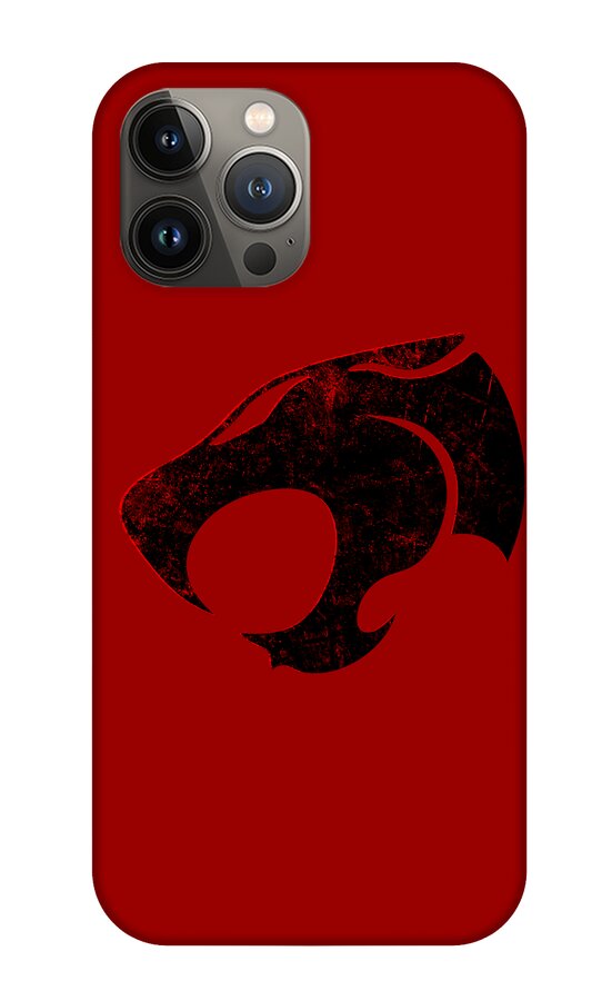Red phone case with distressed Thundercats logo on back, triple camera lenses visible