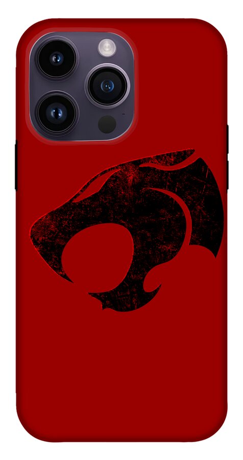 Red phone case with black distressed Thundercats logo and top-left triple camera cutouts