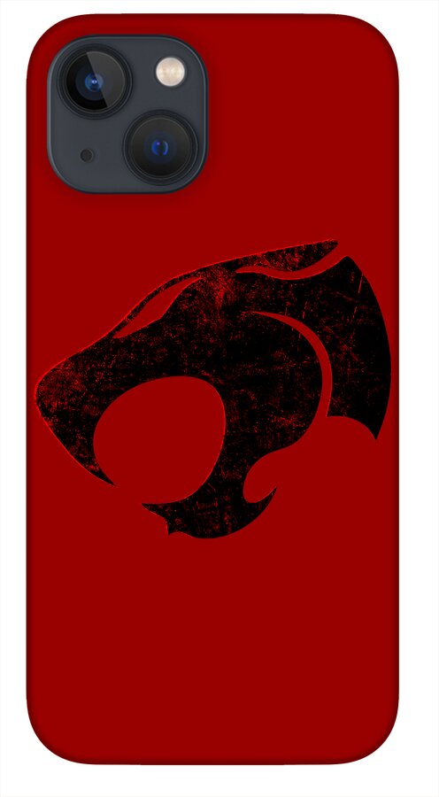 Red phone case with black distressed Thundercats logo and top-left triple camera cutouts