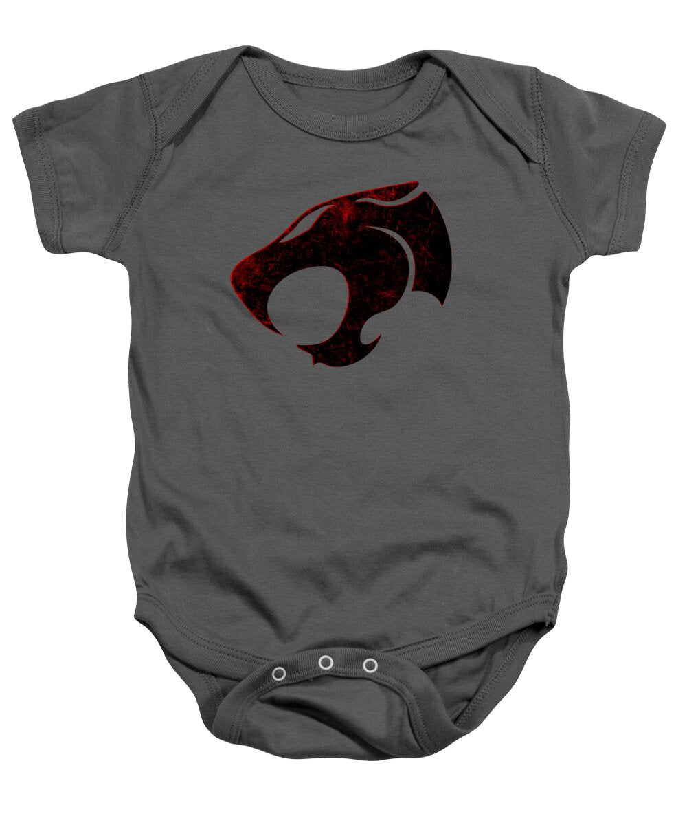 Charcoal gray baby onesie with distressed character logo graphic on front, short sleeves
