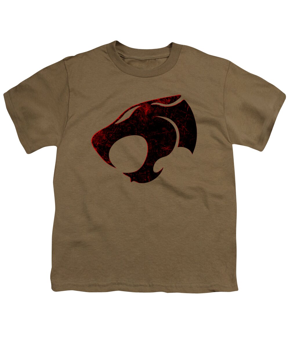 Youth T-shirt, tan with distressed cat-head graphic on chest.