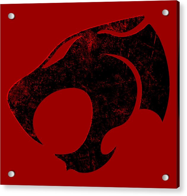 Red acrylic wall sign with distressed black cat emblem and corner holes