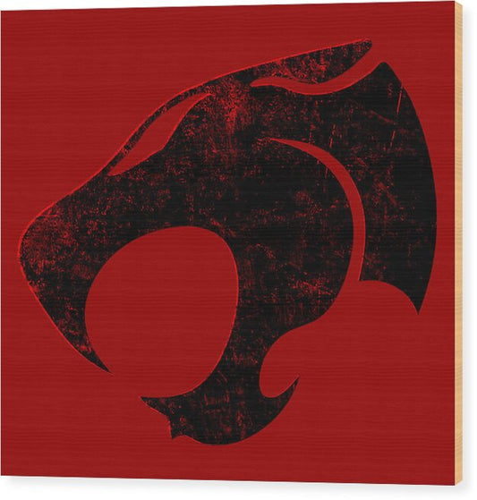 Red wood print sign with distressed black feline face emblem