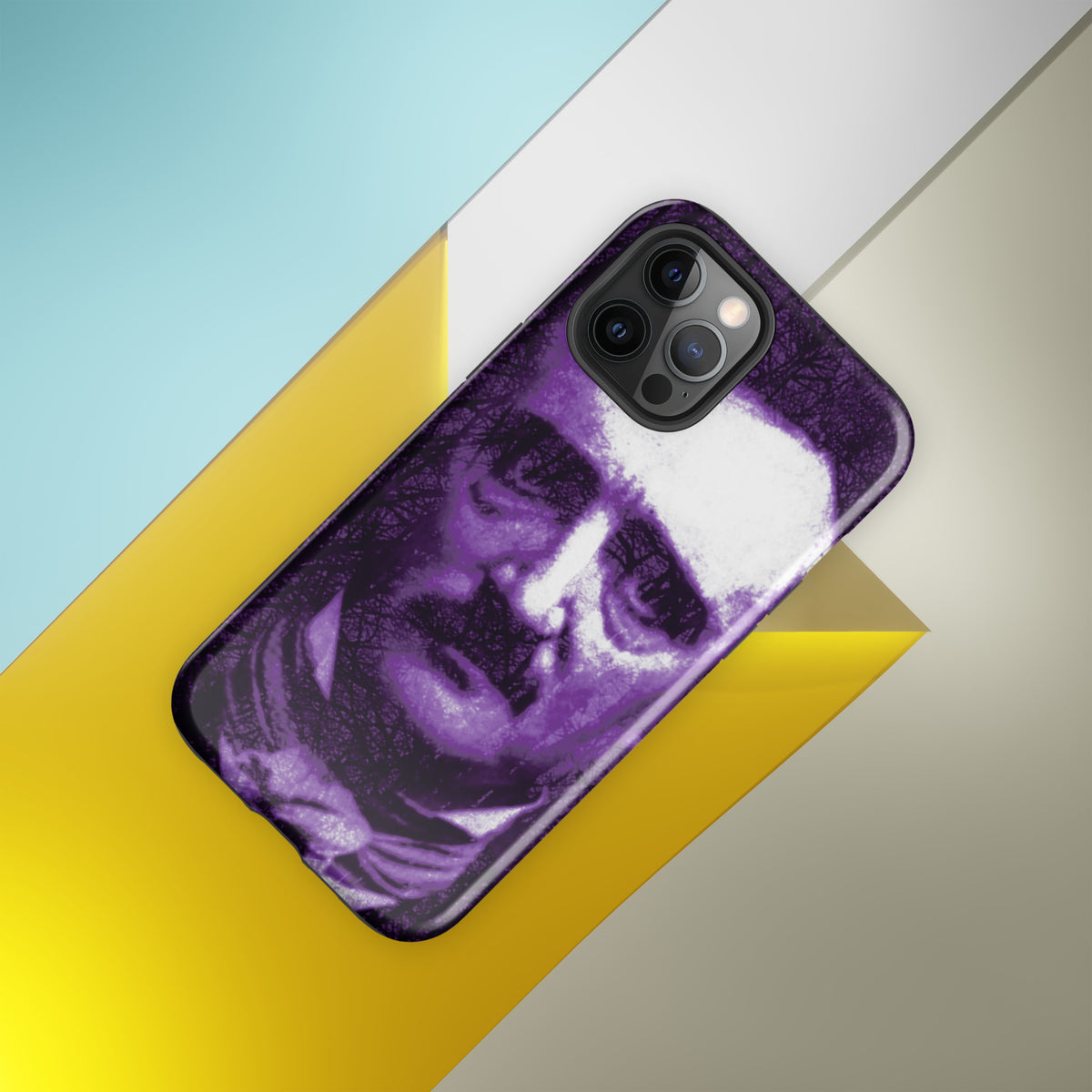 iPhone® tough case with purple-and-white portrait, angled view showing camera bumps