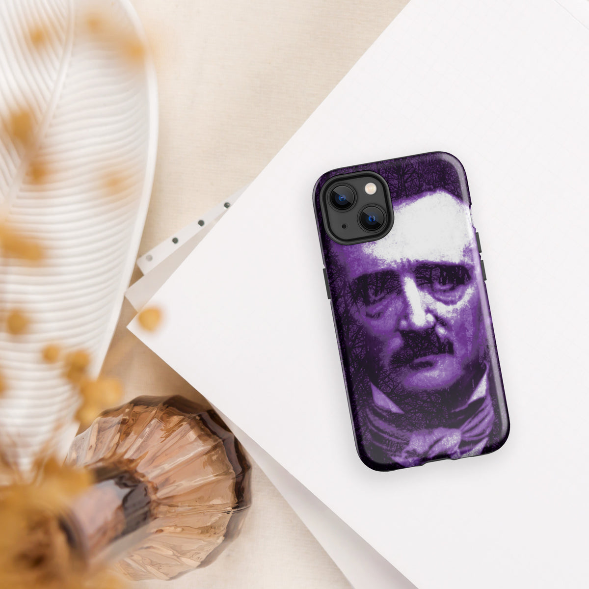 iPhone® tough case with purple-and-white portrait print, raised camera cutouts on back