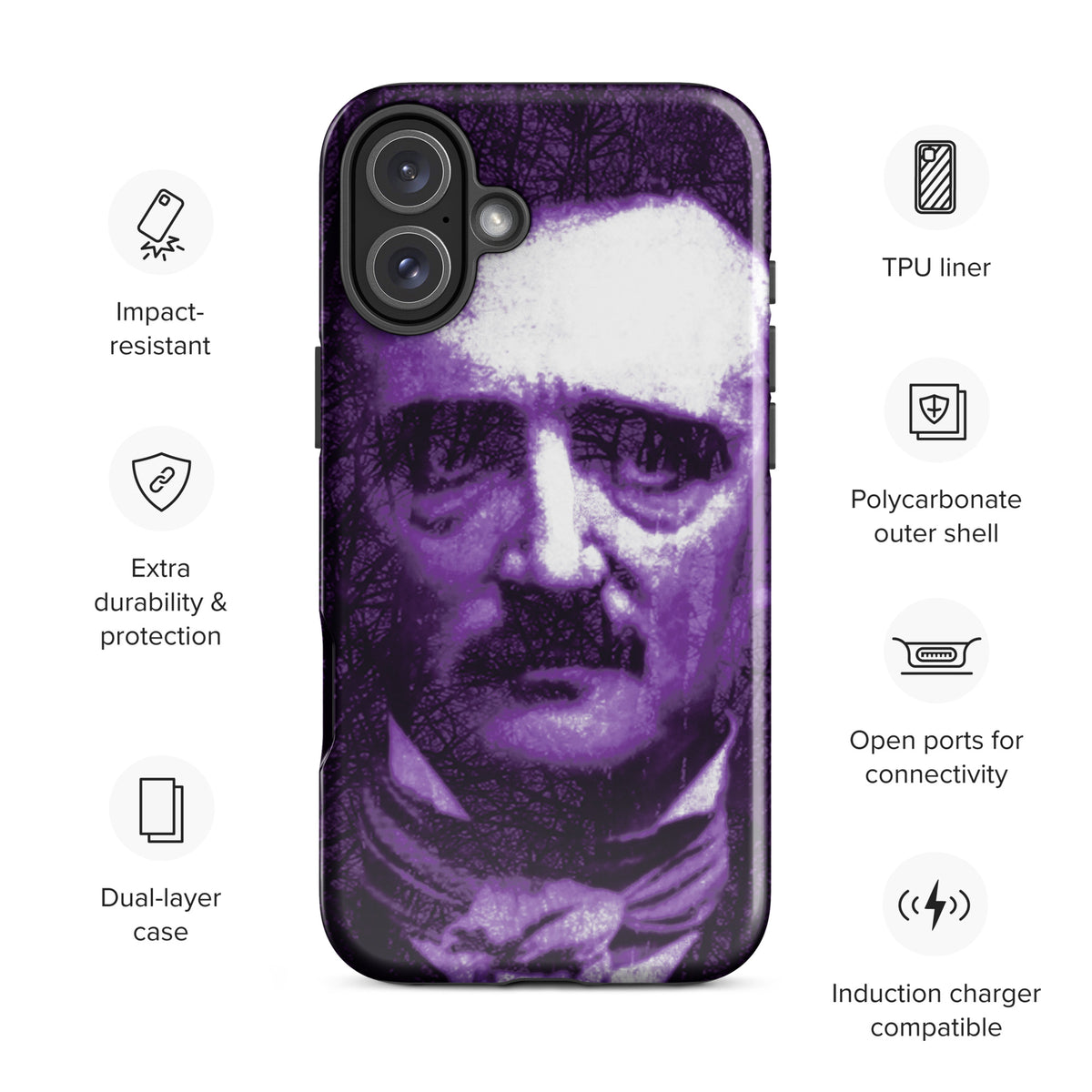 Purple gothic face graphic tough iPhone case with dual-layer design