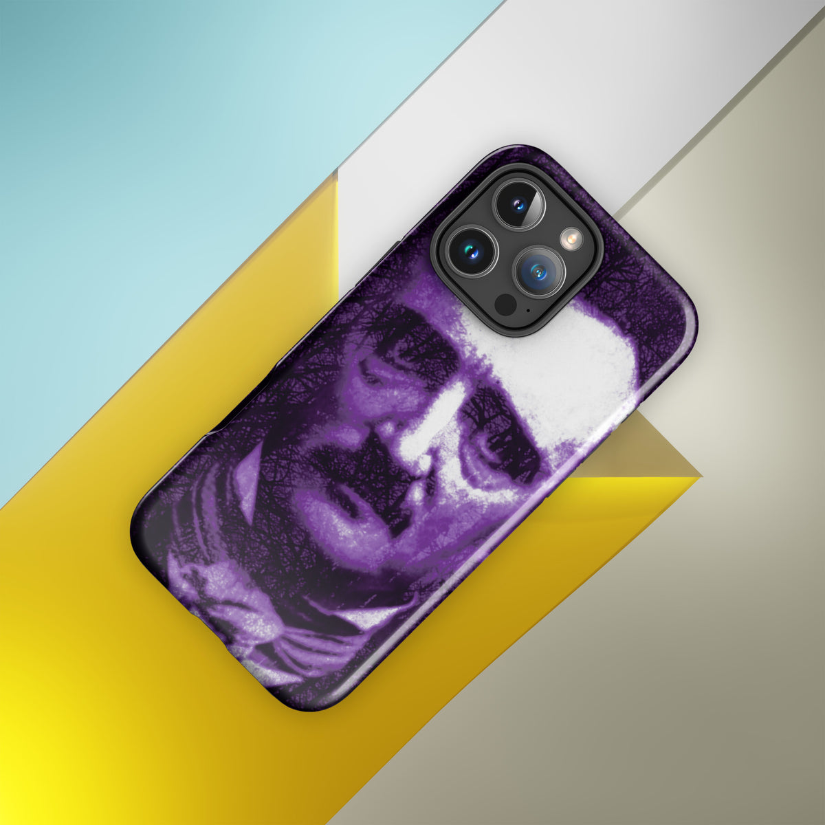 iPhone® tough case with purple-and-white portrait, corner view showing camera area