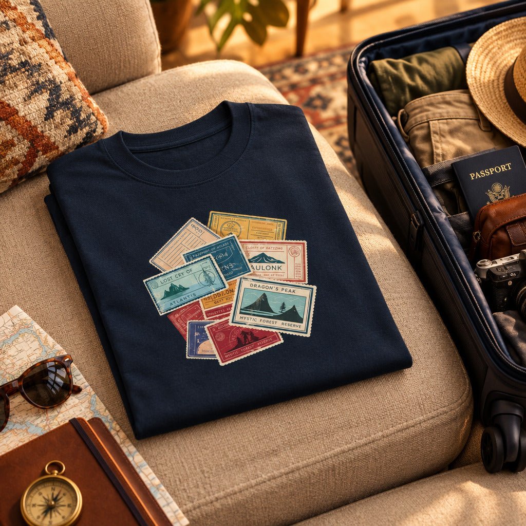 Travel Stamps T-Shirt Wanderlust Adventure Graphic Tee - Still Out There