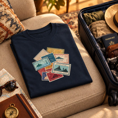 Travel Stamps T-Shirt Wanderlust Adventure Graphic Tee - Still Out There