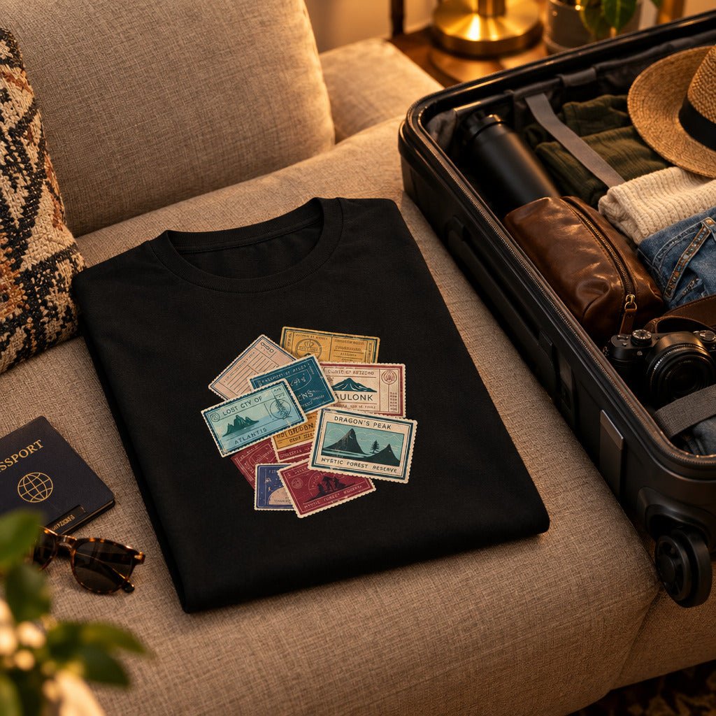 Travel Stamps T-Shirt Wanderlust Adventure Graphic Tee - Still Out There