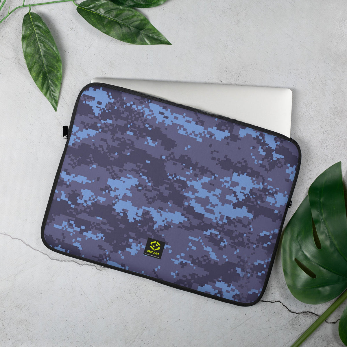Laptop sleeve with blue and purple digital camo, zip closure, slim profile