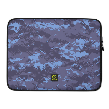 Laptop sleeve with digital camo pattern and centered logo patch, zip closure