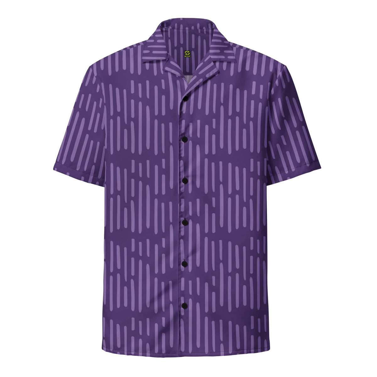 Purple patterned button-up short-sleeve shirt with pointed collar and front placket