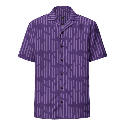 Purple patterned button-up short-sleeve shirt with pointed collar and front placket