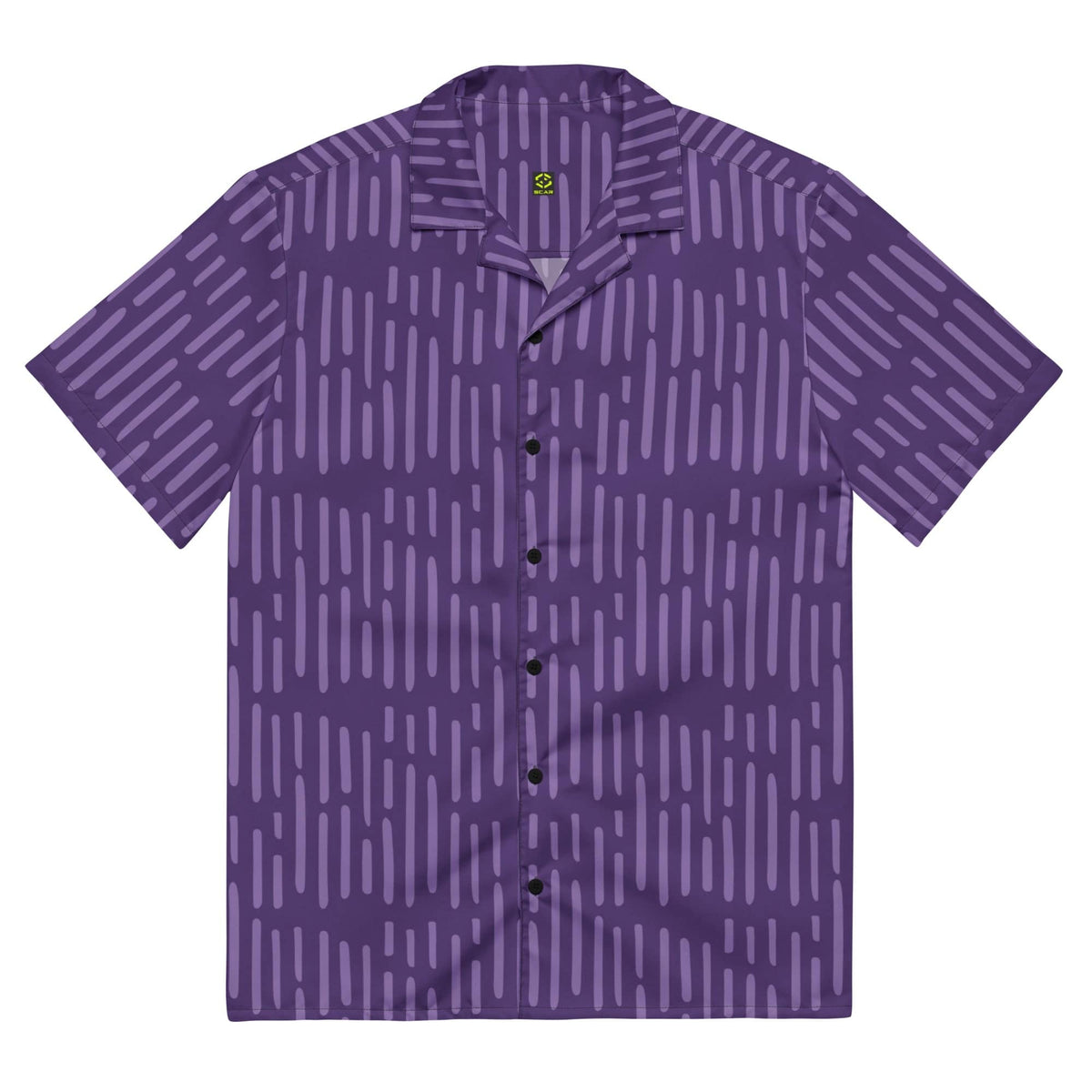 Purple patterned short-sleeve button-up shirt, front view with pointed collar