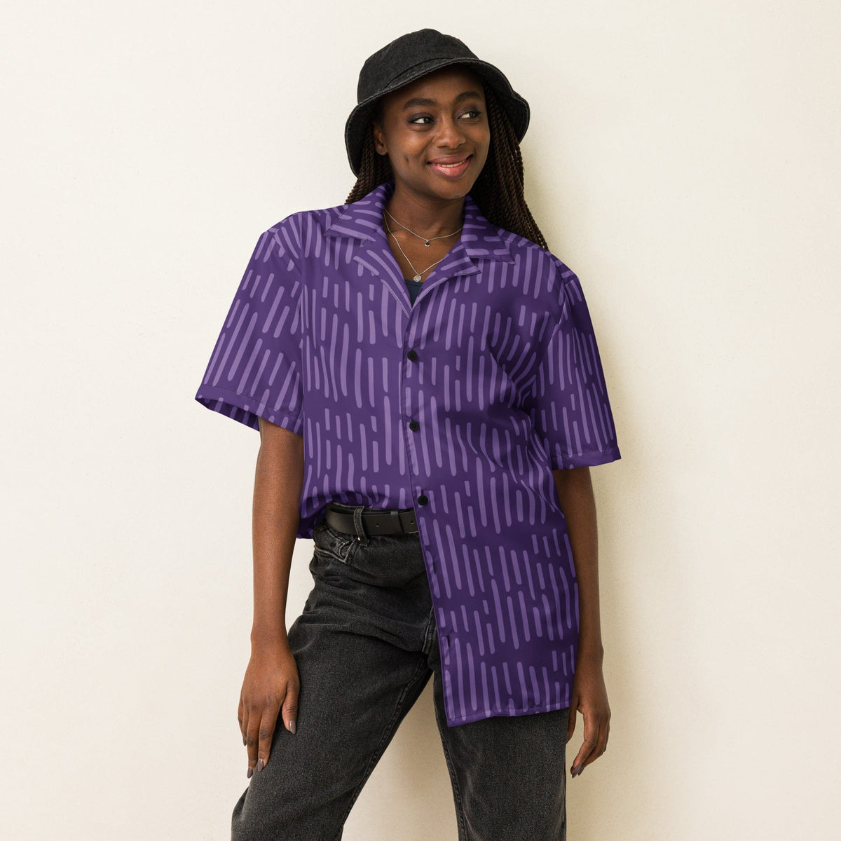 Purple patterned button-up short-sleeve shirt with pointed collar and front placket