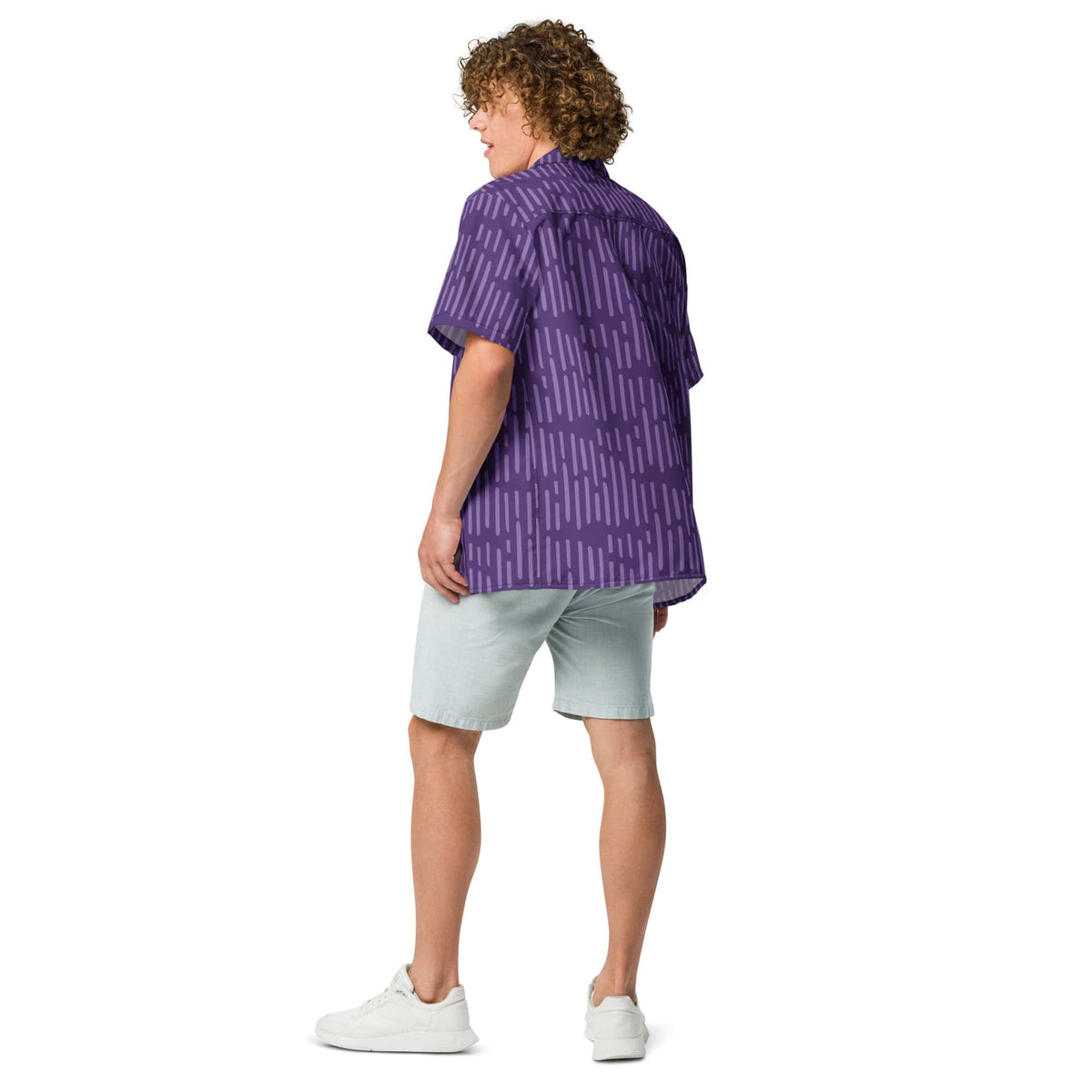 Purple patterned short-sleeve button-up shirt, back view with collar