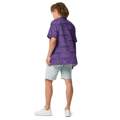 Purple patterned short-sleeve button-up shirt, back view with collar