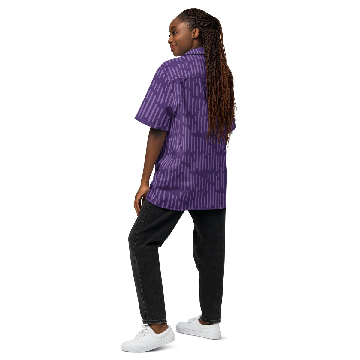 Purple patterned short-sleeve button-up shirt, side/back view with collar