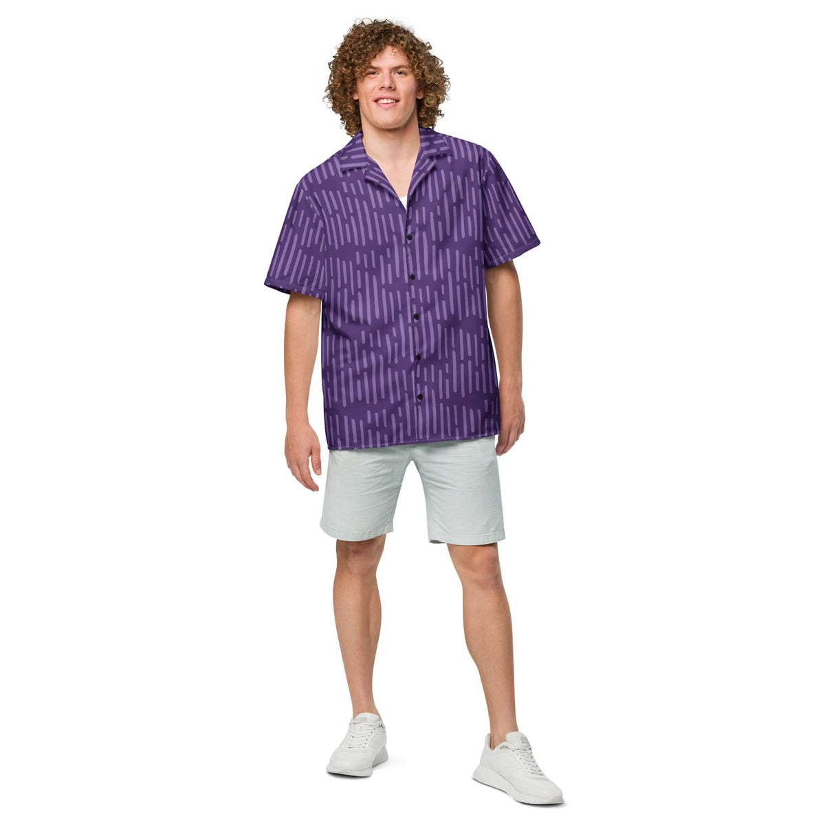 Purple patterned short-sleeve button-up shirt with collar, front button placket