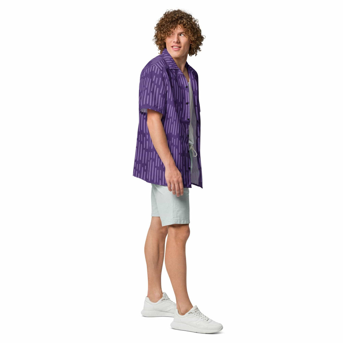 Purple patterned short-sleeve button-up shirt with pointed collar and front placket