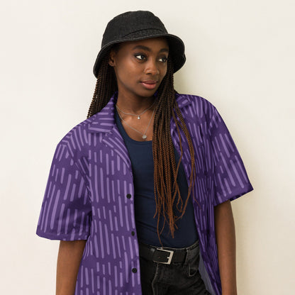 Purple button-up short-sleeve shirt with vertical pattern