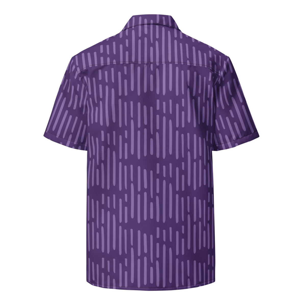 Purple button-up short-sleeve shirt with vertical pattern, back