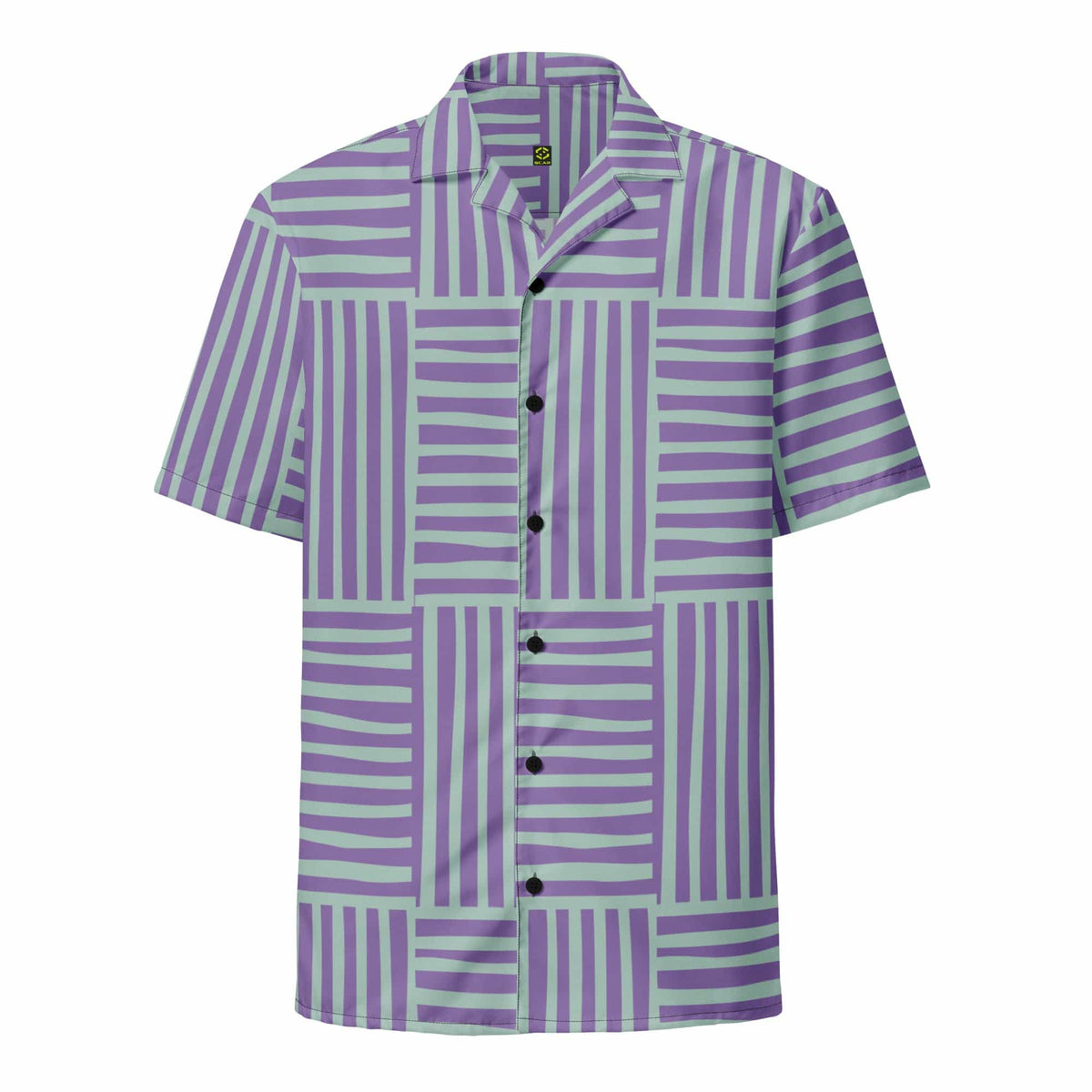 Purple and green striped short-sleeve button-up shirt with point collar and chest pockets
