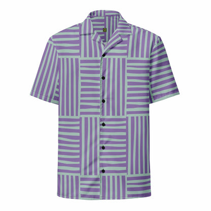 Purple and green striped short-sleeve button-up shirt with point collar and chest pockets