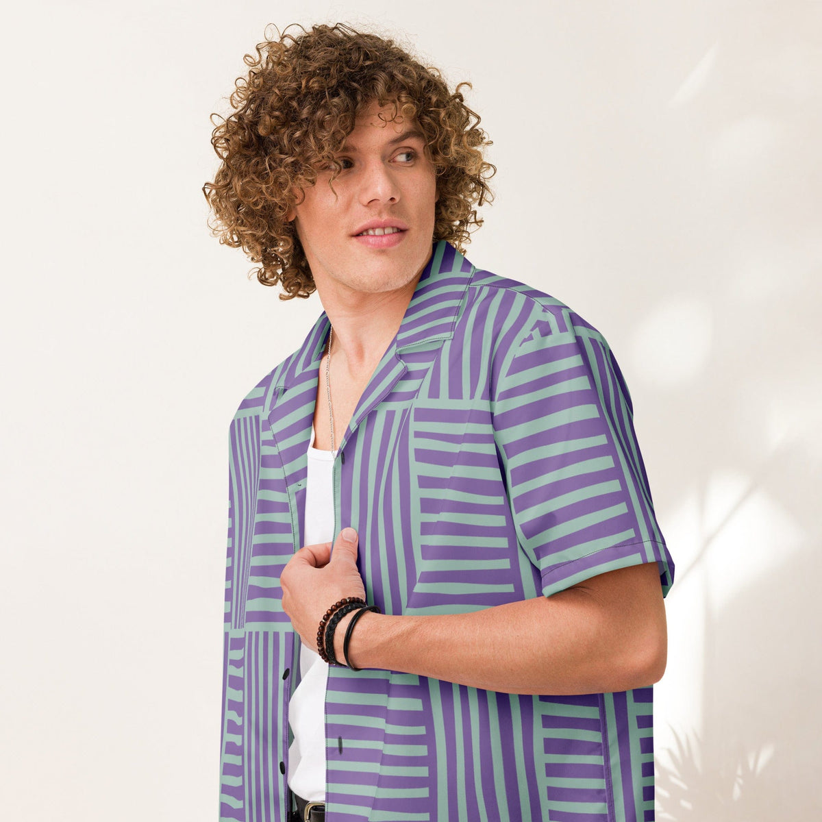 Purple-and-green geometric stripe short-sleeve button-up shirt with open point collar