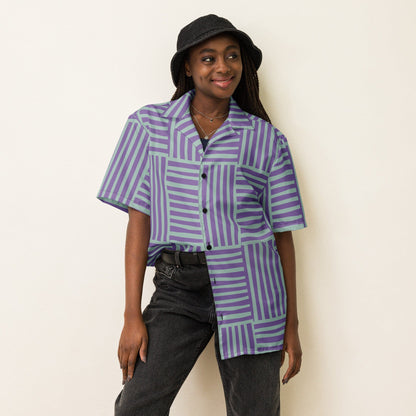 Purple and green striped short-sleeve button-up shirt with chest pocket and point collar
